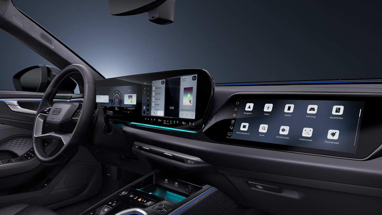 Seitliche Nahaufnahme des Cockpits des Audi A6 allroad mit Fokus auf das Lenkrad und die digitalen Displays.
