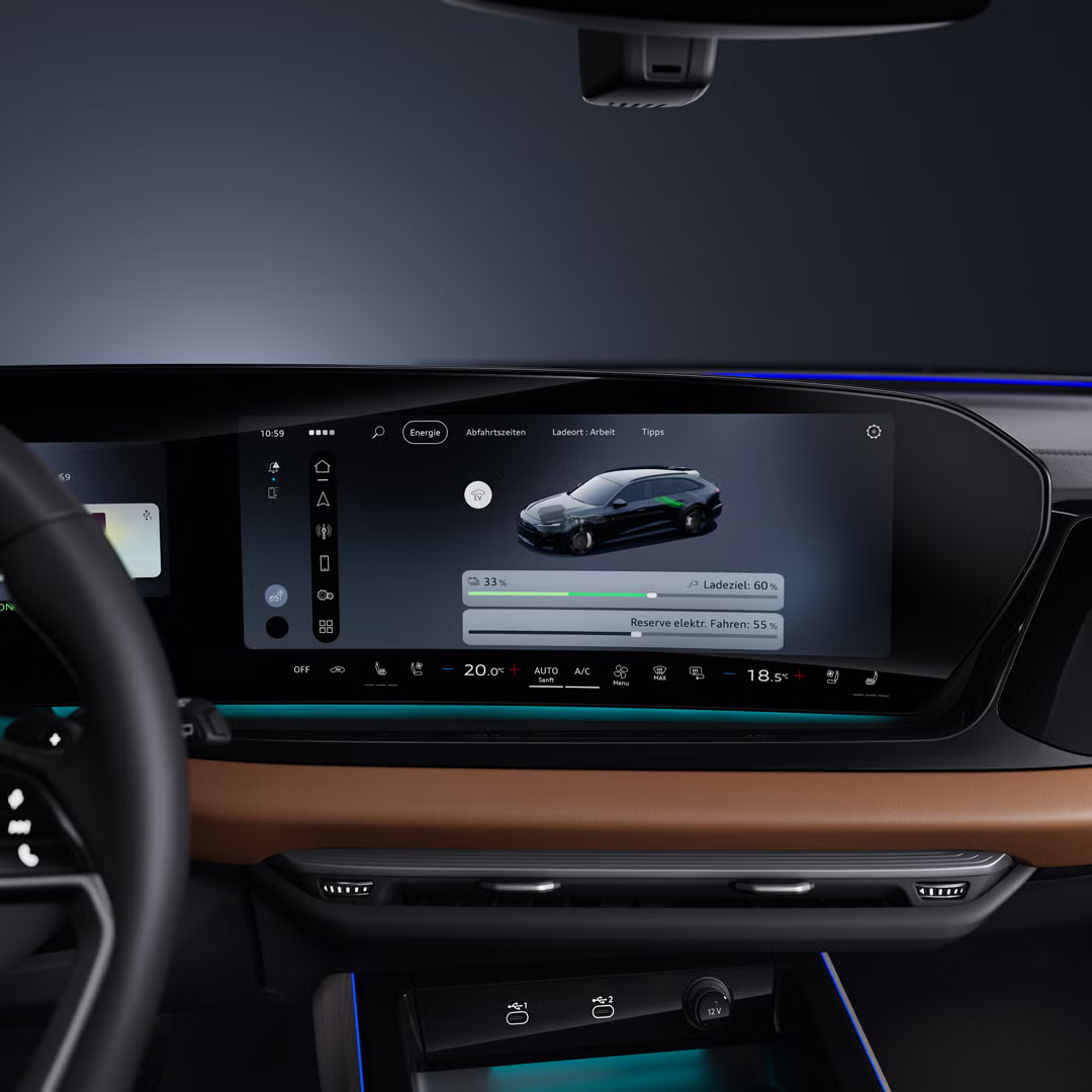 Nahaufnahme des MMI-Displays im Audi A6 allroad e-hybrid mit Fokus auf die verschiedenen Fahrmodi.